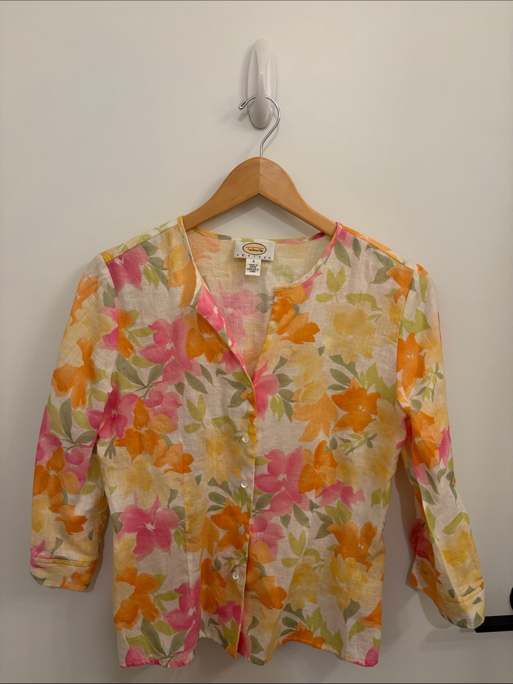 Talbots Floral Button-Front Linen Blouse - Pink, Orange & Yellow